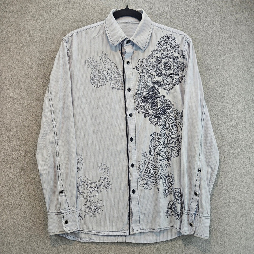 ROAR Button Down Shirt Mens L Blue Paisley Stripe Embroidered Casual Boho Chic